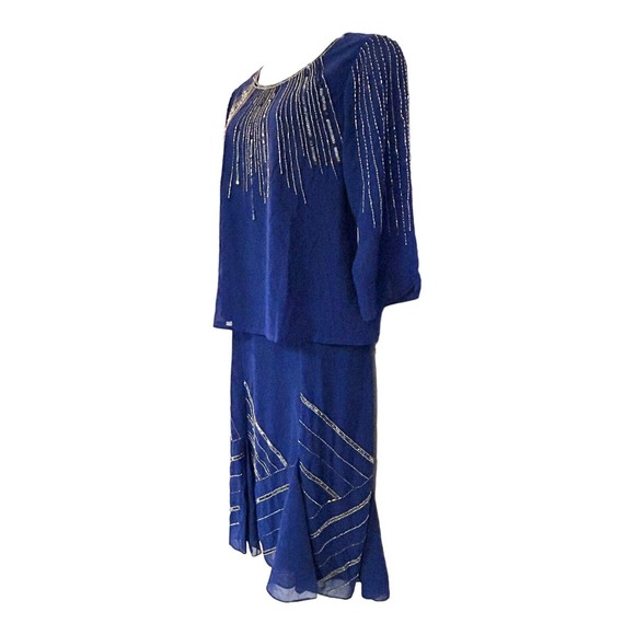 Midnight Velvet Beaded Cobalt Cocktail Formal Dinner Party Midi Skirt Set Suit - Picture 5 of 16